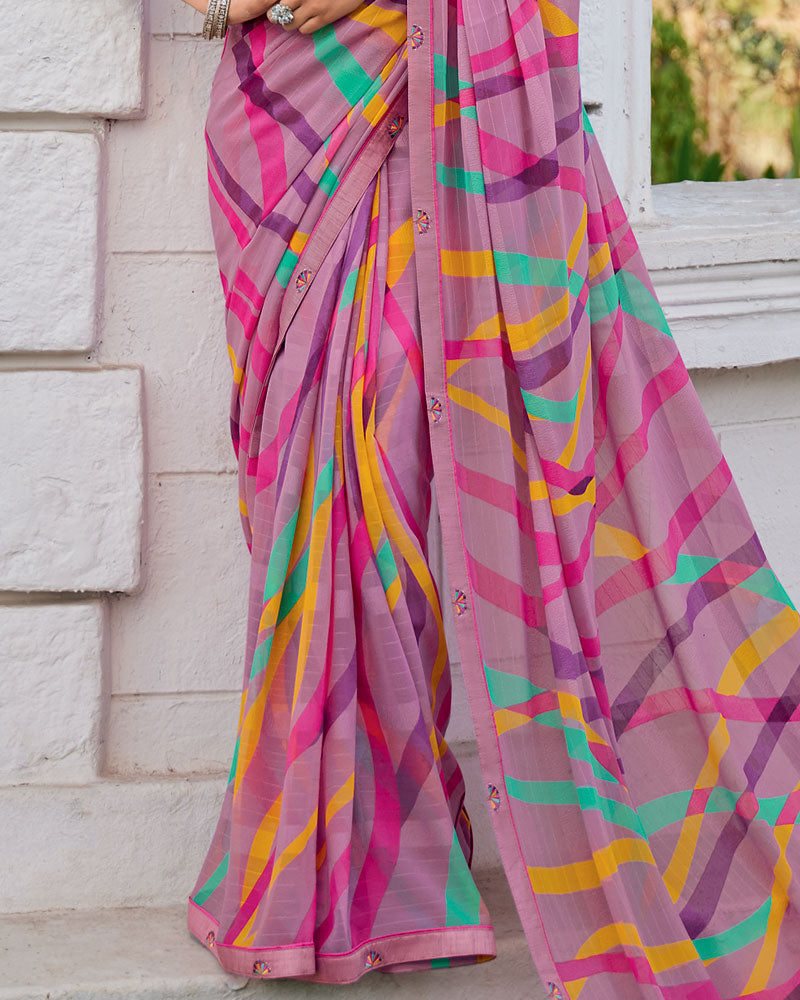 Vishal Prints Light Mauve Printed Patterned Georgette Saree With Fancy Border