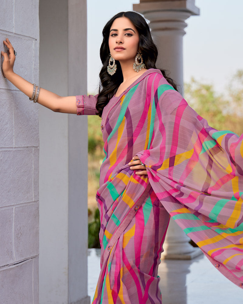 Vishal Prints Light Mauve Printed Patterned Georgette Saree With Fancy Border
