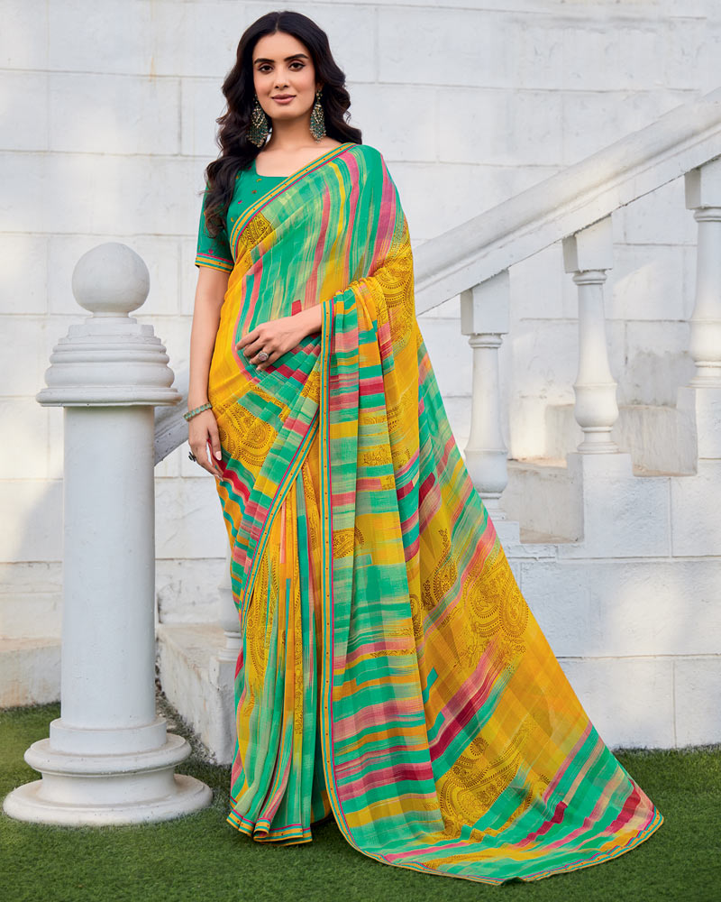 Vishal Prints Persian Green Printed Patterned Georgette Saree With Fancy Border
