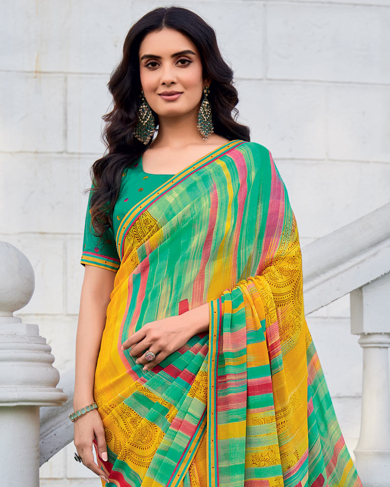 Vishal Prints Persian Green Printed Patterned Georgette Saree With Fancy Border