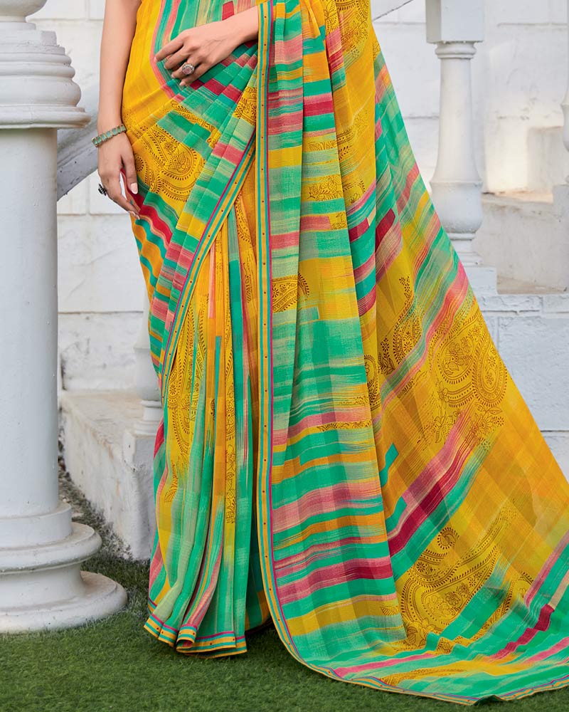 Vishal Prints Persian Green Printed Patterned Georgette Saree With Fancy Border
