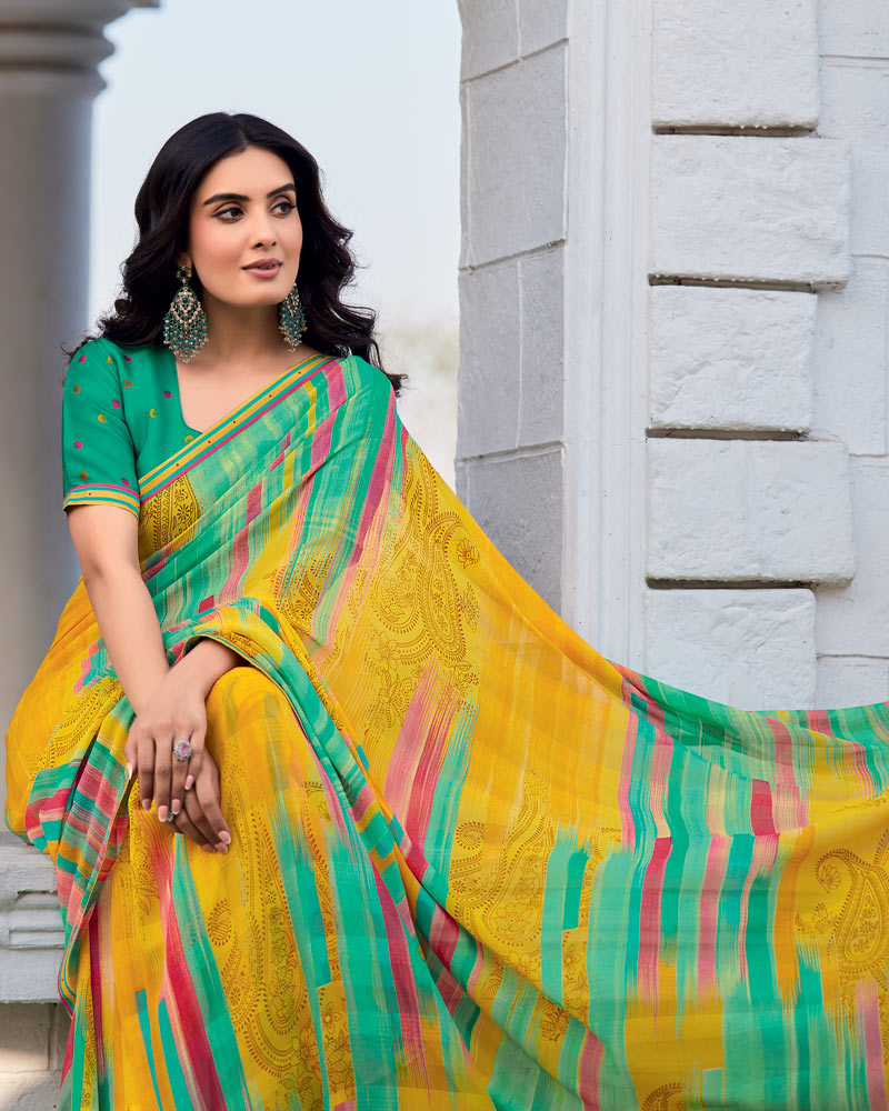 Vishal Prints Persian Green Printed Patterned Georgette Saree With Fancy Border