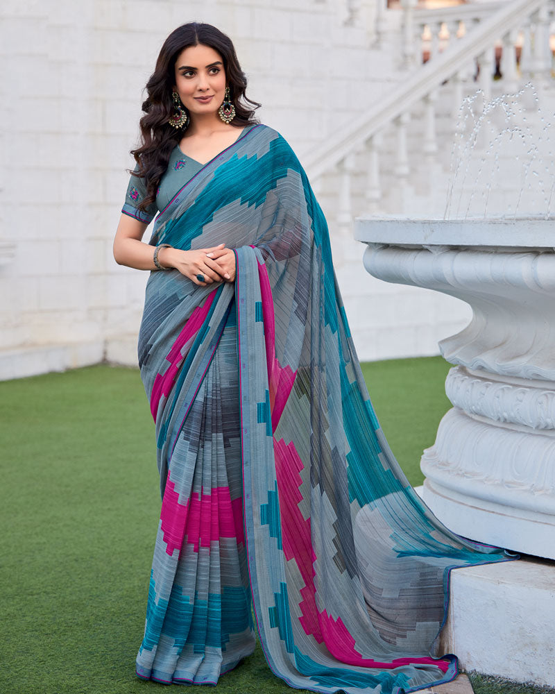 Vishal Prints Cool Grey Printed Patterned Georgette Saree With Fancy Border