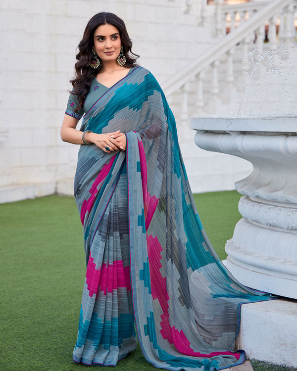 Vishal Prints Cool Grey Printed Patterned Georgette Saree With Fancy Border