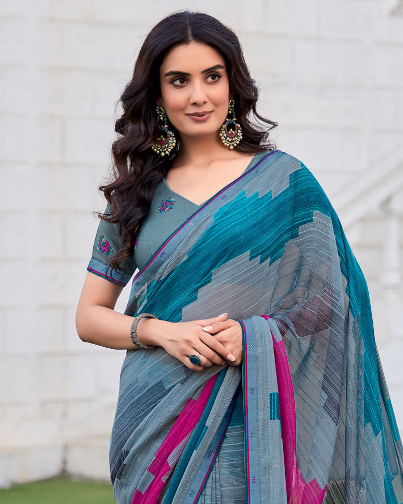 Vishal Prints Cool Grey Printed Patterned Georgette Saree With Fancy Border