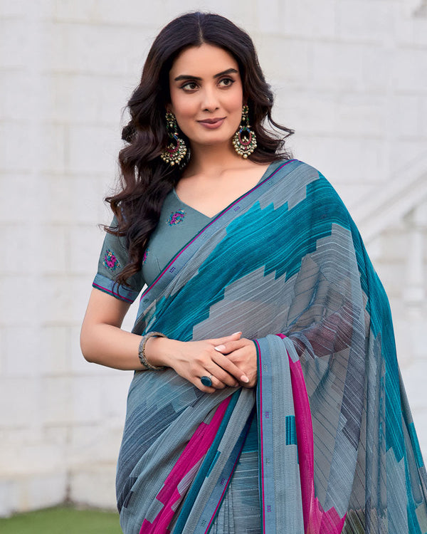 Vishal Prints Cool Grey Printed Patterned Georgette Saree With Fancy Border