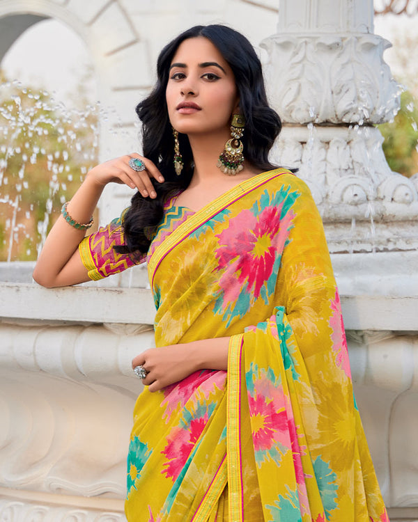 Vishal Prints Mustard Yellow Printed Patterned Georgette Saree With Fancy Border