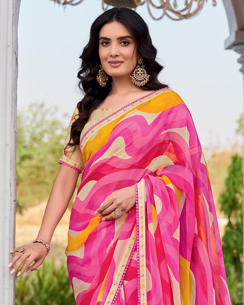 Vishal Prints Blush Pink Printed Patterned Georgette Saree With Fancy Border