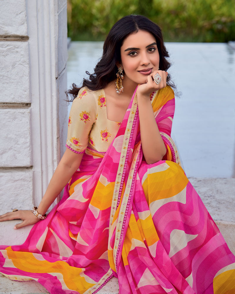 Vishal Prints Blush Pink Printed Patterned Georgette Saree With Fancy Border