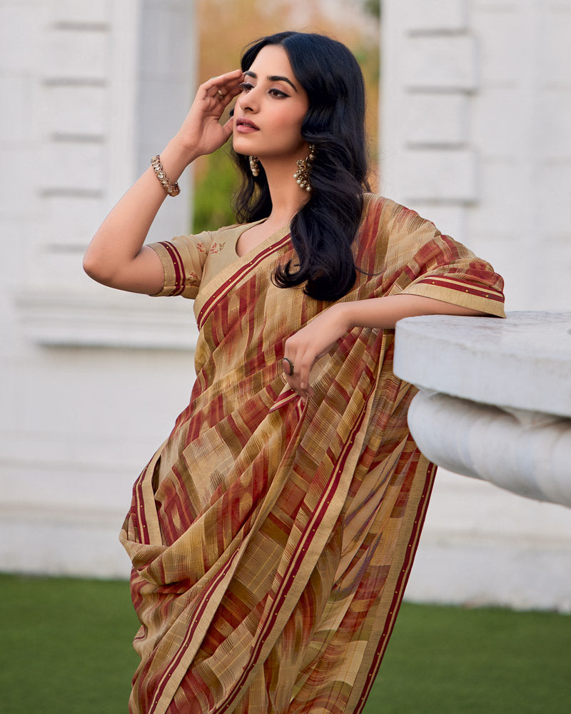 Vishal Prints Sandy Brown Printed Patterned Georgette Saree With Fancy Border