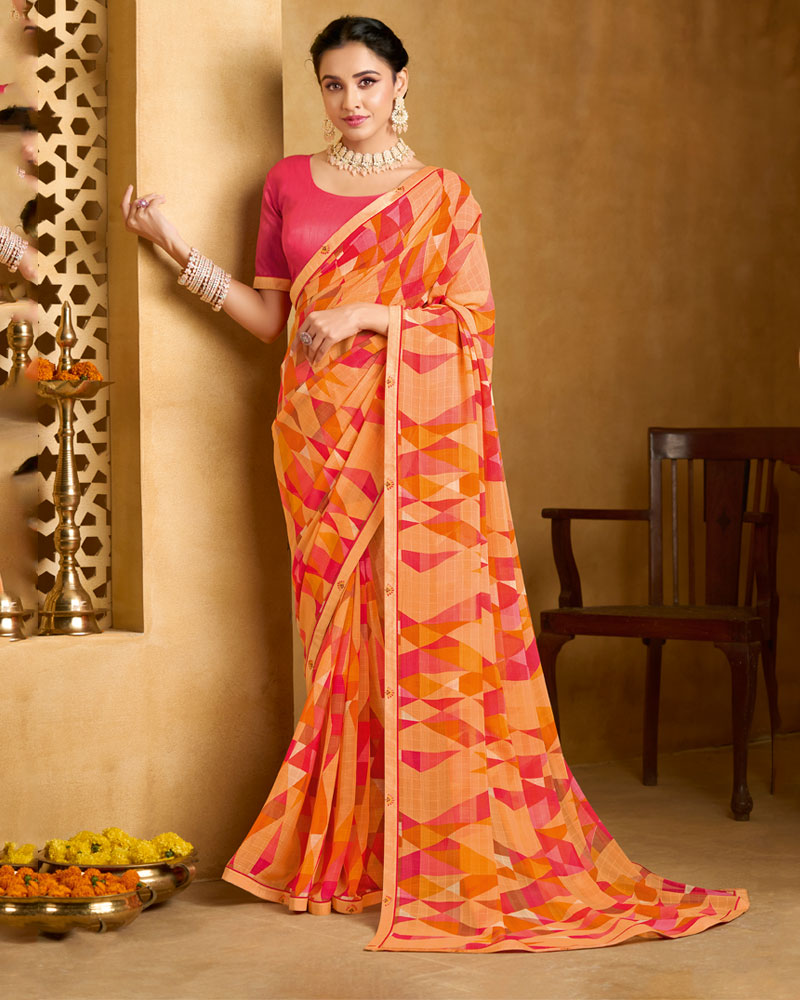 Vishal Prints Pastel Orange Printed Patterened Georgette Saree With Fancy Border