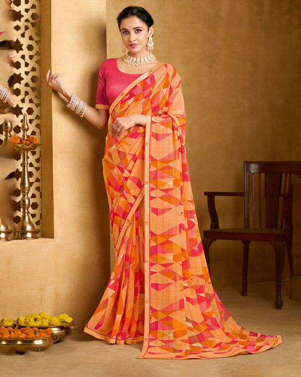 Vishal Prints Pastel Orange Printed Patterened Georgette Saree With Fancy Border