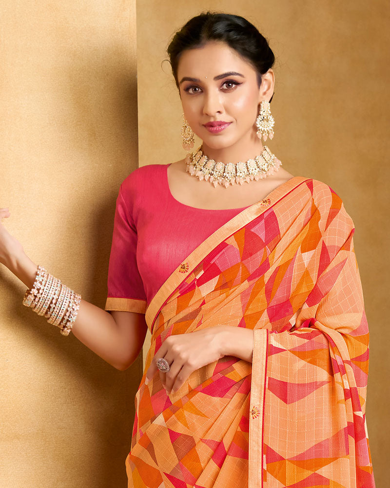 Vishal Prints Pastel Orange Printed Patterened Georgette Saree With Fancy Border