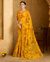 Vishal Prints Mustard Yellow Printed Patterened Georgette Saree With Fancy Border