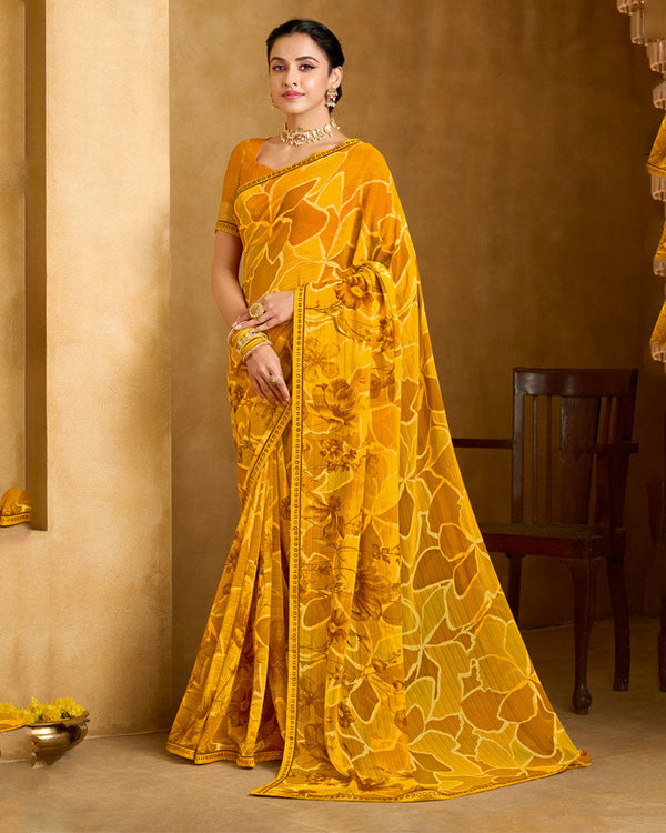 Vishal Prints Mustard Yellow Printed Patterened Georgette Saree With Fancy Border