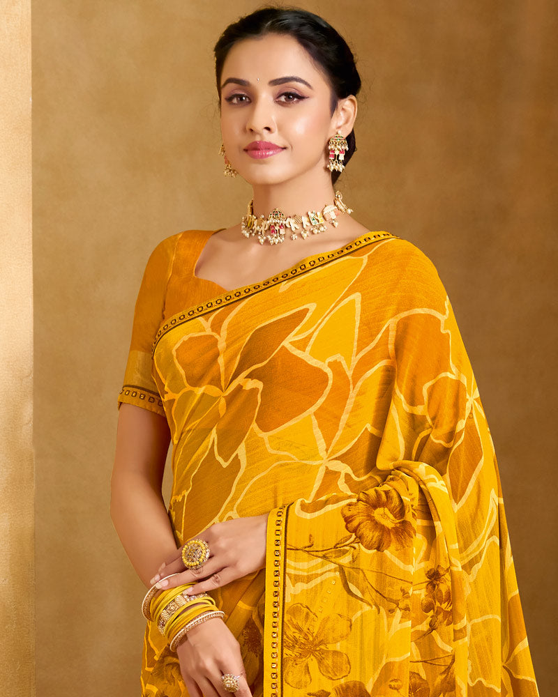 Vishal Prints Mustard Yellow Printed Patterened Georgette Saree With Fancy Border