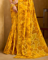 Vishal Prints Mustard Yellow Printed Patterened Georgette Saree With Fancy Border