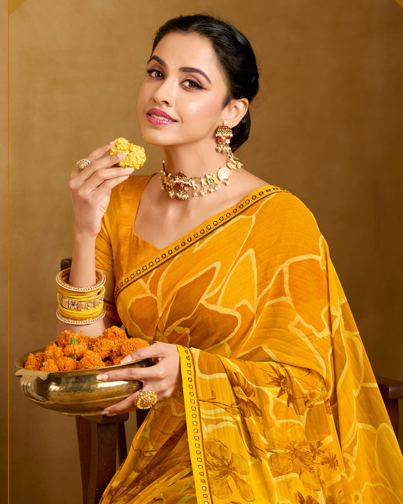 Vishal Prints Mustard Yellow Printed Patterened Georgette Saree With Fancy Border