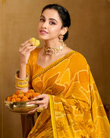 Vishal Prints Mustard Yellow Printed Patterened Georgette Saree With Fancy Border