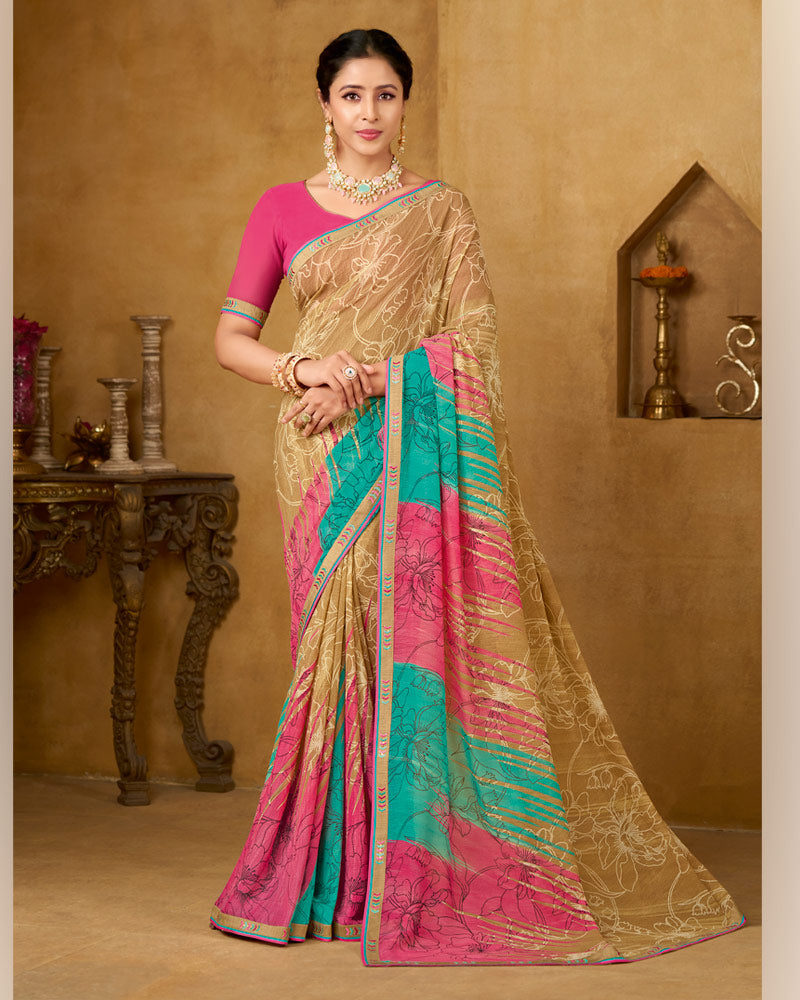 Vishal Prints French Beige Printed Patterened Georgette Saree With Fancy Border