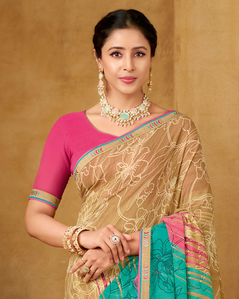 Vishal Prints French Beige Printed Patterened Georgette Saree With Fancy Border