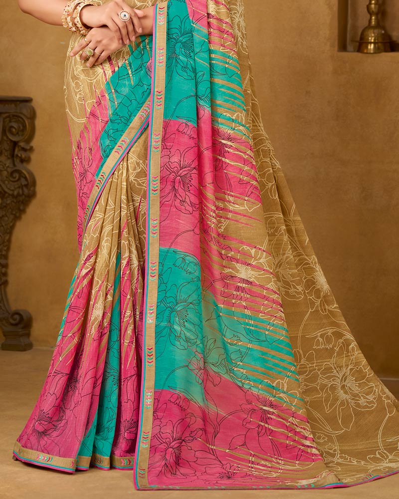 Vishal Prints French Beige Printed Patterened Georgette Saree With Fancy Border