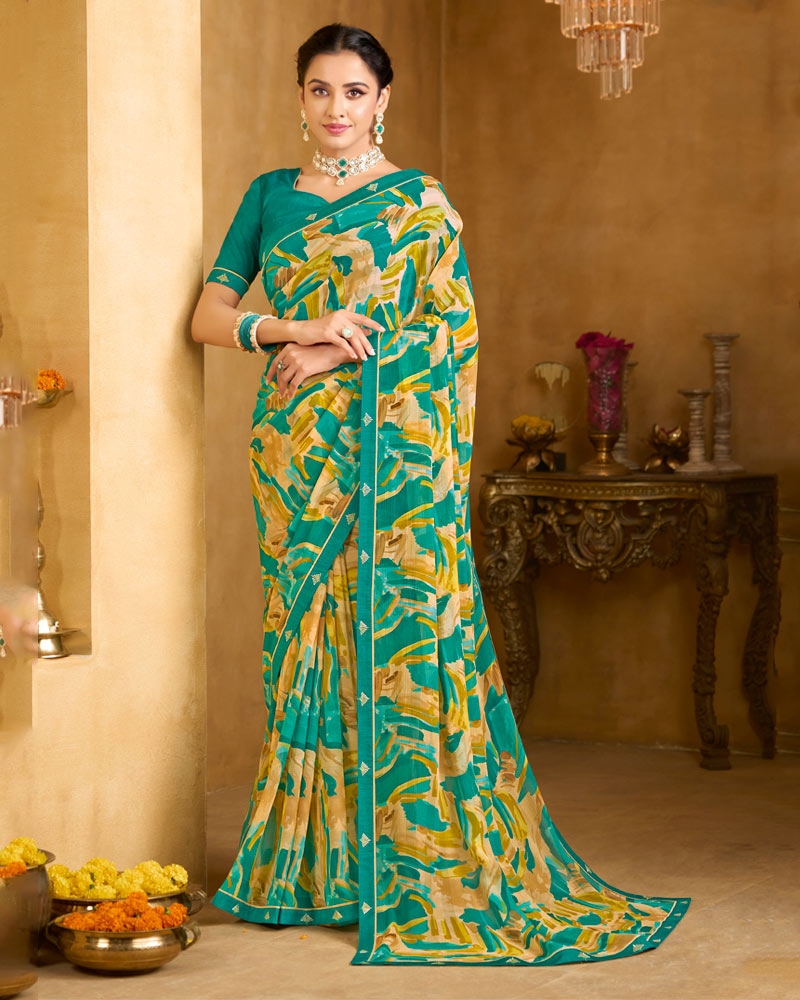 Vishal Prints Persian Green Printed Patterened Georgette Saree With Fancy Border