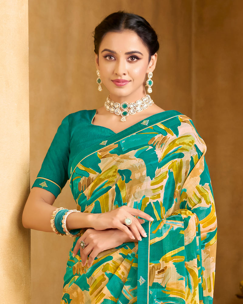 Vishal Prints Persian Green Printed Patterened Georgette Saree With Fancy Border