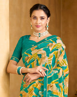 Vishal Prints Persian Green Printed Patterened Georgette Saree With Fancy Border