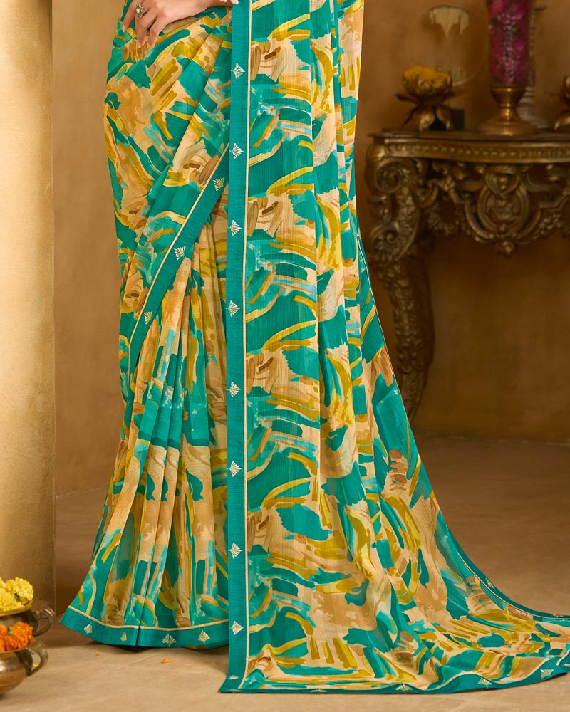 Vishal Prints Persian Green Printed Patterened Georgette Saree With Fancy Border
