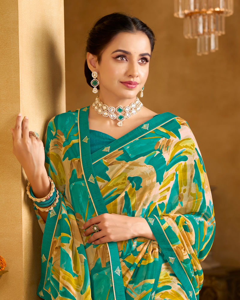 Vishal Prints Persian Green Printed Patterened Georgette Saree With Fancy Border