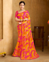 Vishal Prints Raspberry Pink And Pumpkin Orange Printed Patterened Georgette Saree With Fancy Border