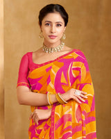 Vishal Prints Raspberry Pink And Pumpkin Orange Printed Patterened Georgette Saree With Fancy Border