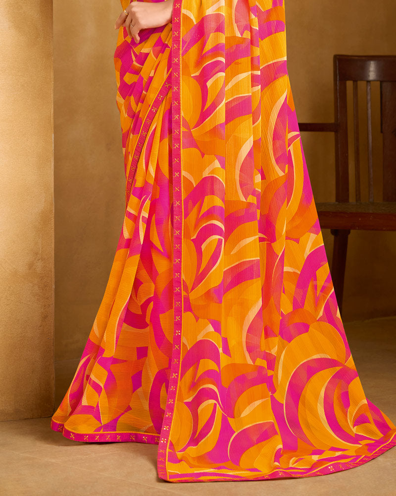 Vishal Prints Raspberry Pink And Pumpkin Orange Printed Patterened Georgette Saree With Fancy Border