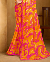 Vishal Prints Raspberry Pink And Pumpkin Orange Printed Patterened Georgette Saree With Fancy Border