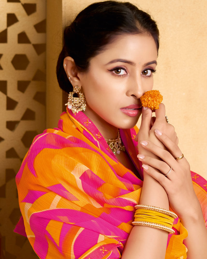 Vishal Prints Raspberry Pink And Pumpkin Orange Printed Patterened Georgette Saree With Fancy Border