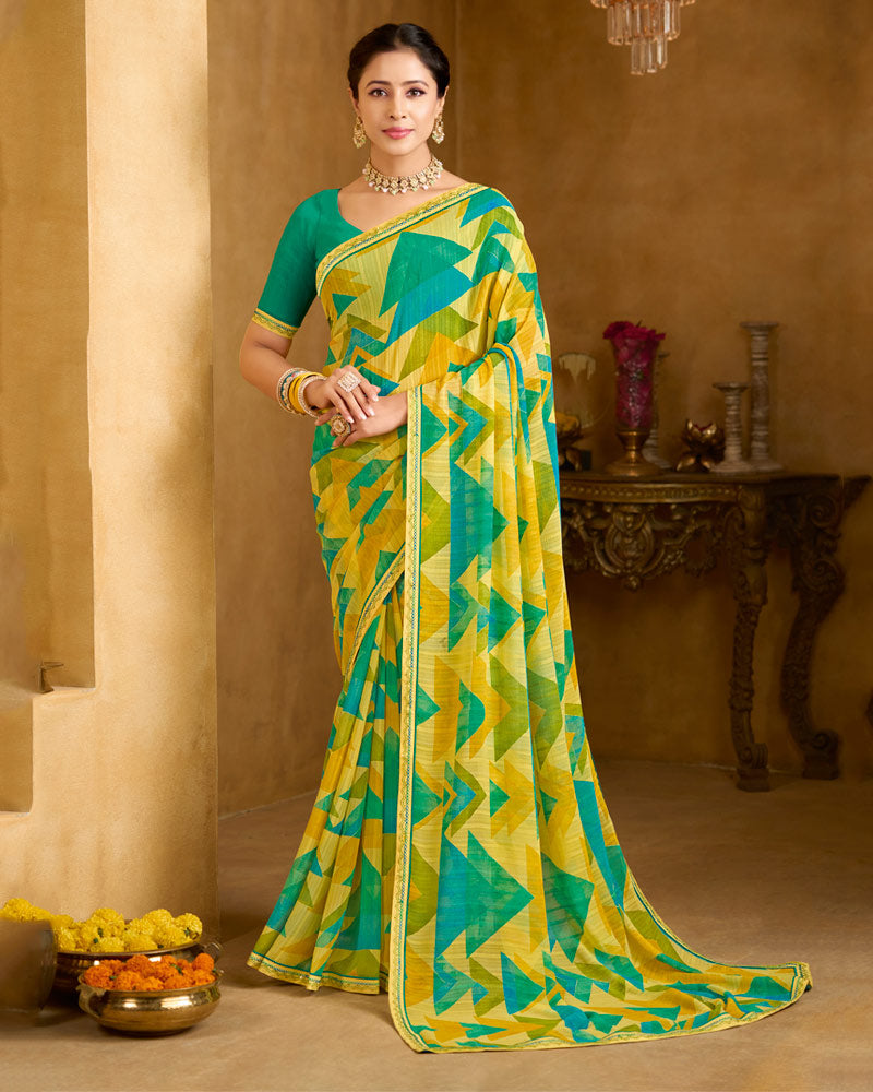 Vishal Prints Pastel Yellow And Sea Green Printed Patterened Georgette Saree With Fancy Border