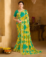 Vishal Prints Pastel Yellow And Sea Green Printed Patterened Georgette Saree With Fancy Border
