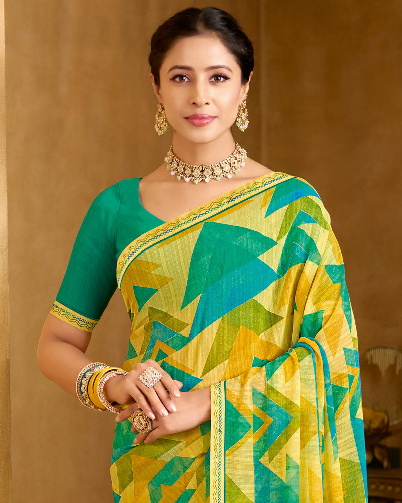 Vishal Prints Pastel Yellow And Sea Green Printed Patterened Georgette Saree With Fancy Border