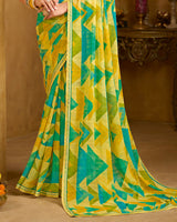 Vishal Prints Pastel Yellow And Sea Green Printed Patterened Georgette Saree With Fancy Border