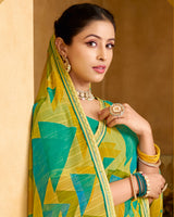 Vishal Prints Pastel Yellow And Sea Green Printed Patterened Georgette Saree With Fancy Border