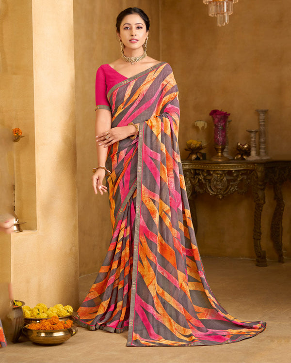 Vishal Prints Brownish Pink Printed Patterened Georgette Saree With Fancy Border