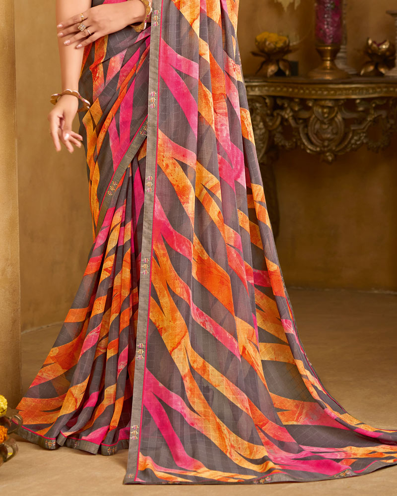 Vishal Prints Brownish Pink Printed Patterened Georgette Saree With Fancy Border