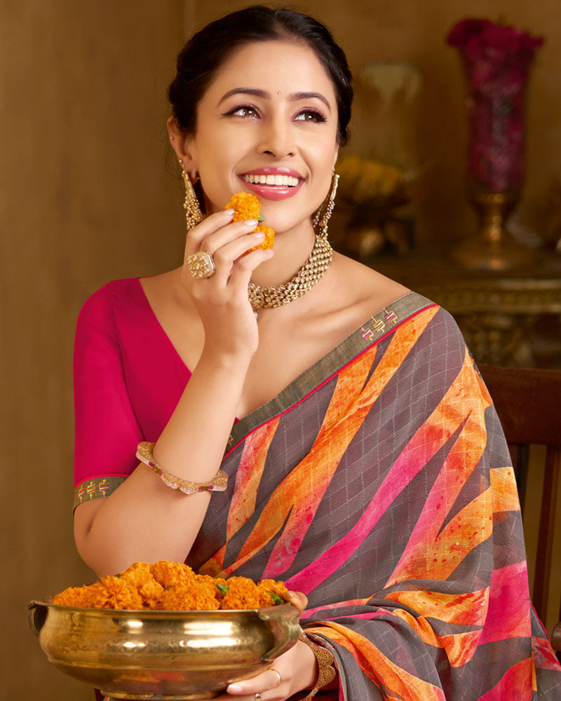 Vishal Prints Brownish Pink Printed Patterened Georgette Saree With Fancy Border