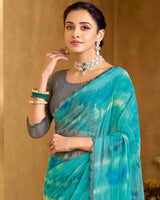 Vishal Prints Pacific Blue Printed Patterened Georgette Saree With Fancy Border