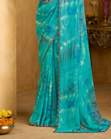 Vishal Prints Pacific Blue Printed Patterened Georgette Saree With Fancy Border