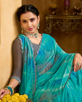 Vishal Prints Pacific Blue Printed Patterened Georgette Saree With Fancy Border