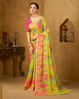 Vishal Prints Light Greenish Yellow Printed Patterened Georgette Saree With Fancy Border