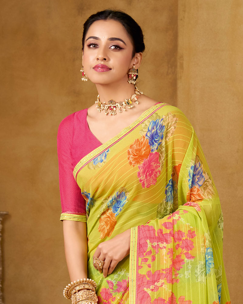 Vishal Prints Light Greenish Yellow Printed Patterened Georgette Saree With Fancy Border