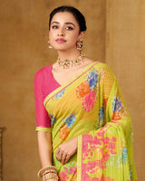 Vishal Prints Light Greenish Yellow Printed Patterened Georgette Saree With Fancy Border